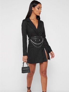 Manière De Voir Black Metallic Pinstripe Blazer Dress w Zip Hem- Size 2 XS/S